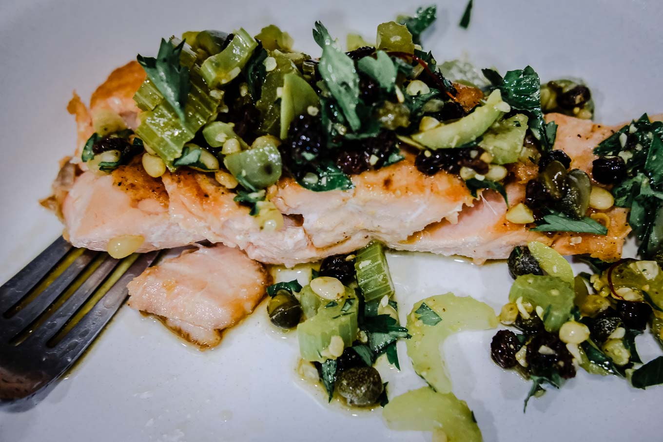 Pan-Fried Salmon with Celery-Pine Nut Salsa