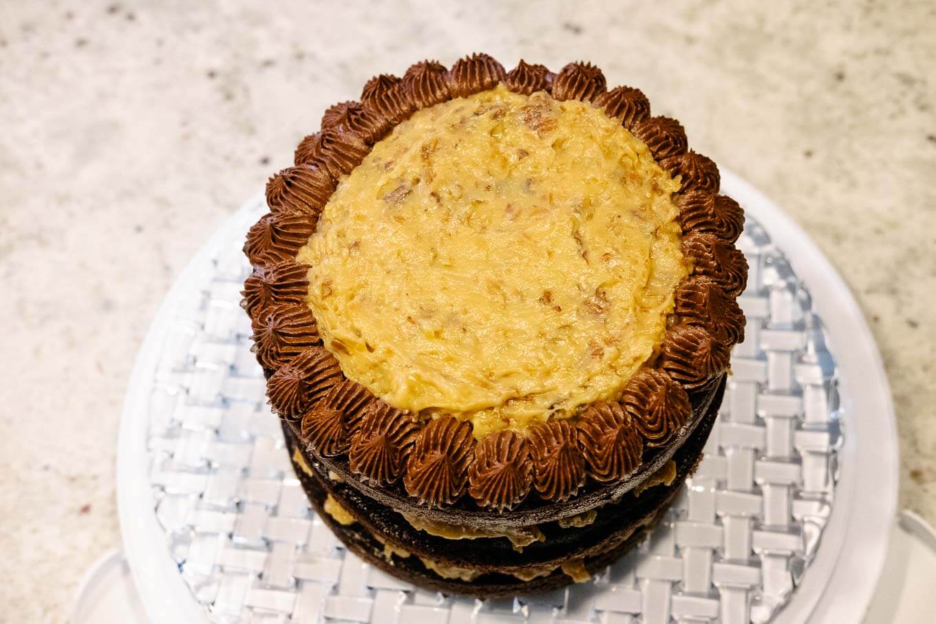 German Chocolate Cake with Chocolate Ganache and Coconut Pecan Custard Icing from Baked New Frontiers in Baking